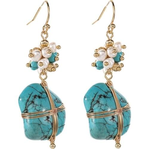 2021 Fashion Unique Designs New 18k Gold Plated Earring Natural Stone turquoise Natural Pearl earrings Bohemia earring