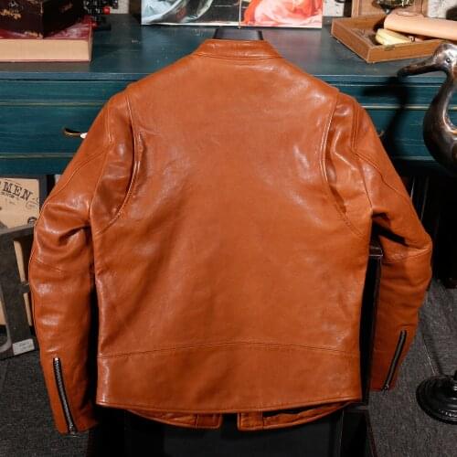 2020 Brown Men Autumn Slim Fit Bikers Jacket Size XXL Genuine Sheepskin Russian Motorcycle Leather Coat FREE SHIPPING