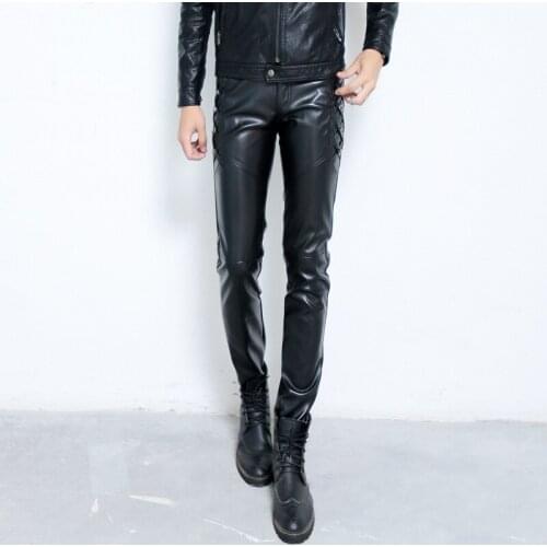 Mens Pants Autumn & Winter Pu Leather Plus Fleece Windproof Warm Male Pencil Pants Casual Slim Black 27-36 Mens Pants