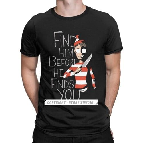 Men T Shirts Hiding In The Dark Waldo Cotton Tees Wheres Wally Parody 90s Comic Stripes Wanted T Shirts Big Size