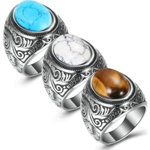 Vintage Wholesale Retro Jewelry Titanium Steel Inlaid Natural Stone Ring Men Domineering Ring