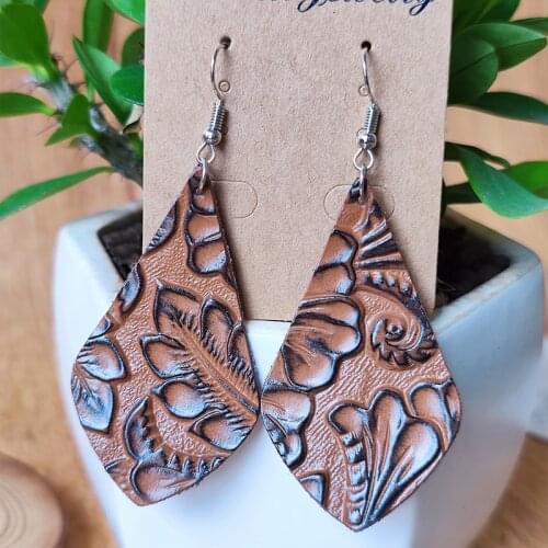 New Emboss Originality Drop Earring Fashion Jewelry Unique Retro Vintage Geometric Bohemian Genuine Leather Earrings for Women