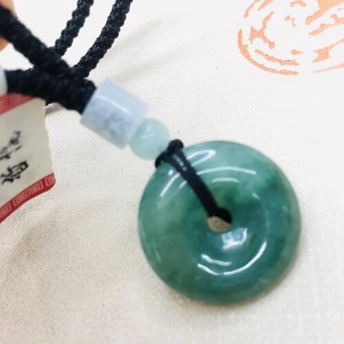 Pure natural Emerald jade hand-carved oil green donut pendant with simple necklace men and women sweater chain