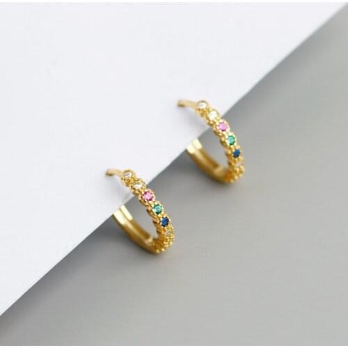 FC Jewelry Real 925 Silver Unusual Gold Color Arc Rainbow Row Pink Blue Zirconia Hoop Earring For Women Ear Accessories 2020 NEW