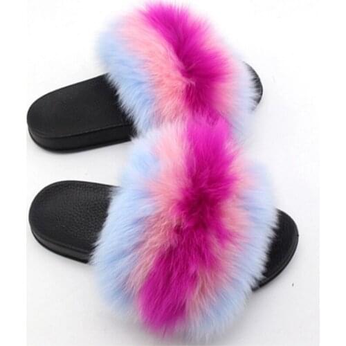 Fashion Real Raccoon Fur Slides Slippers Summer Flip Flops Casual Vogue Fox Fur Sandals Vogue Plush Shoes