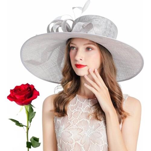 Hot Sale Fascinator Gray Wide Brim Fedoras Top Hat Church Cap Summer Women Hat 2020 Big Elegant Sun Hats Linen Mothers Day Gift