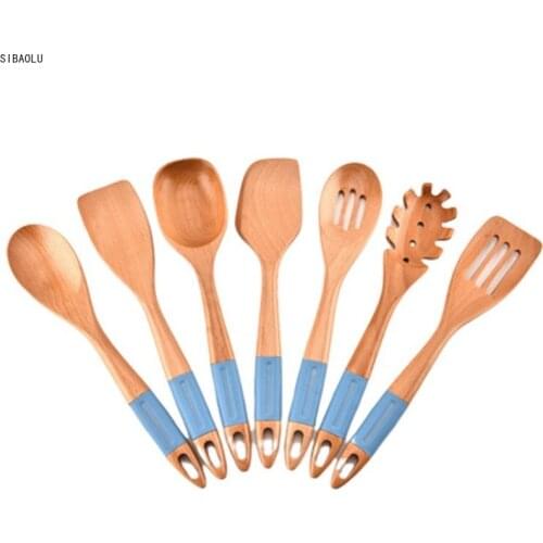 Store 7PCSilicone Wood Turner Soup Spoon Spatula Brush Scraper Pasta Server Egg Beater Kitchen Cooking Tools Kitchenware