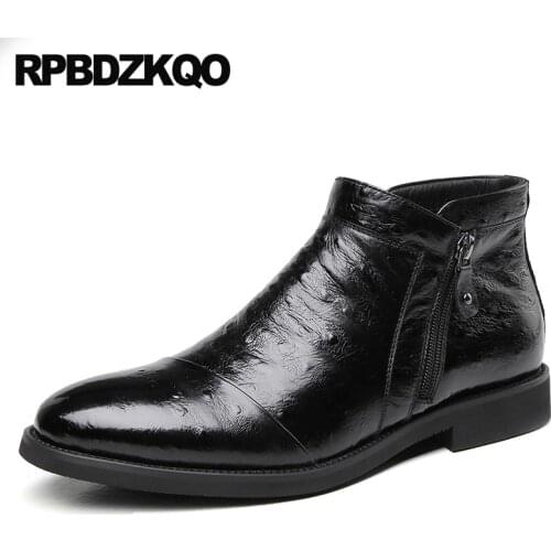 Pointed toe snakeskin business faux fur winter wedding shoes crocodile full grain mens zipper dress boots black formal booties