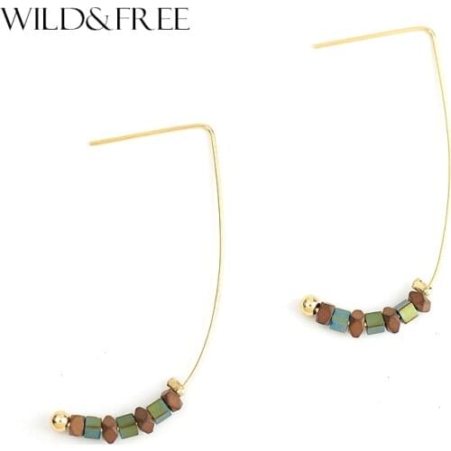 WILD & FREE New Arrival Women Natural Stone Drop Earrings Vintage Gold Hook Wood Bead Dangle Earrings Jewelry for Women Gift