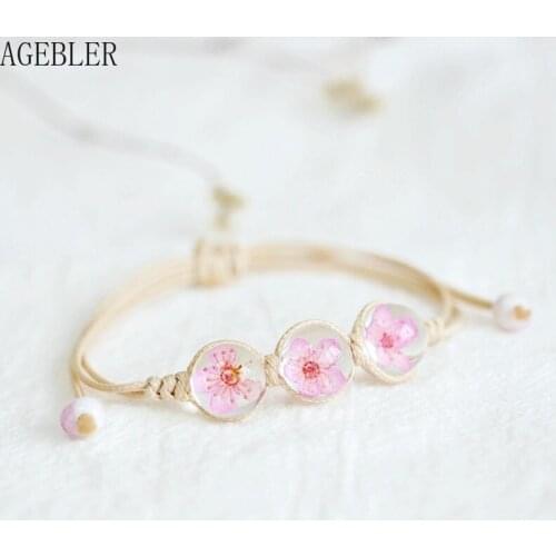 Japanese Style Handmade Art Glass Ball Dry Flower Bracelets for Women Pink Cherry Blossom Lover Friend Gift Original Jewelry Red