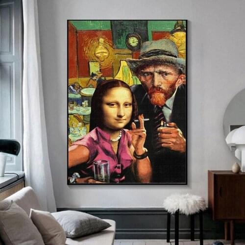 Funny Art Mona Lisa and Van Gogh Smoking Posters and Prints Wall Paintings Da Vinci Famous Canvas Paintings Home Decor