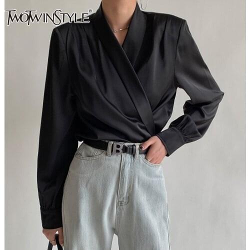 TWOTWINSTYLE Lace Up Bowknot Blouse Shirts For Female Lapel Collar Long Sleeve Solid Color Womens Casual Shirt New 2021