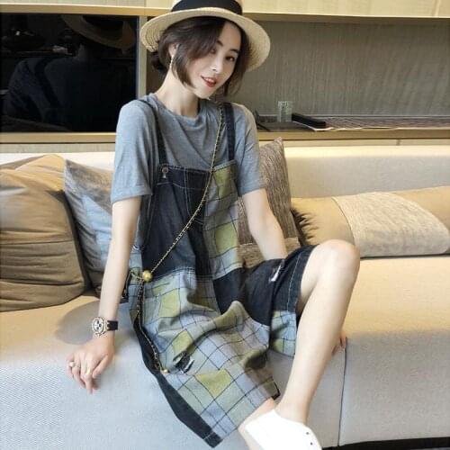 Female 2021 Summer New Women Korean Fashion Casual Short Sleeve T-shirt and Denim Plaid Suspenders Overalls Two-piece Suit Y812