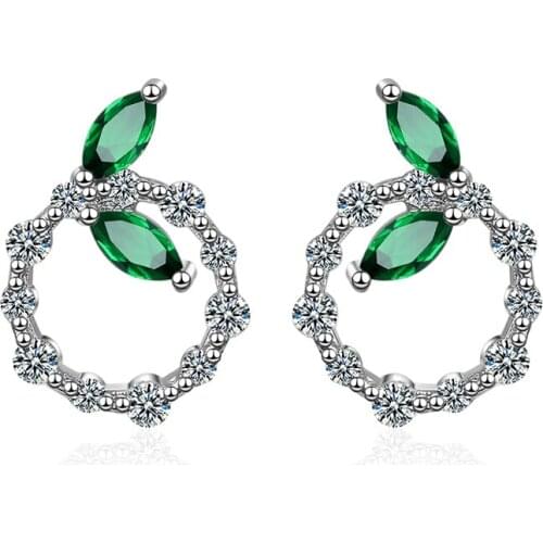 Green Leaves Round Stud Earrings Korean Fashion Jewelry Shiny Zirconia Crystal Earrings Wedding Party Gift for Women