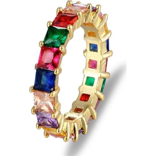 Gold Color Unique Design Rainbow Baguette CZ Ring Paved Cubic Zircon Fashion Women Ring Jewelry Wedding Engagement Finger Rings
