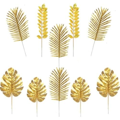 10pcs Golden Tropical Leaf Artificial Tropic Leaves Simulation Plant Home Balcony Garden Landscape Wedding Party Decor Props
