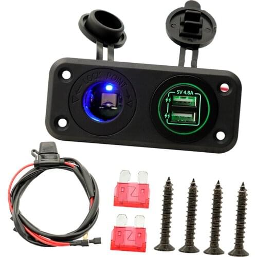 4.8A Dual USB Charger Socket Power Outlet 12-24V for Car Boat Marine Mobile Tablets, Green LED Lights