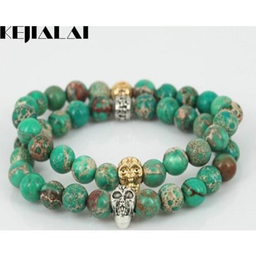 KEJIALAI Natural Stone Bead Bracelet Men Trendy Skull Head Charm Bracelet Fashion 8mm Mix Color Womens Bracelet Jewelry
