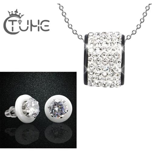 Luxury Necklace Set For Women Ceramic Jewelry Set Big Carat Zircon Stud Earrings & Pendant Necklace Party Christmas Gift