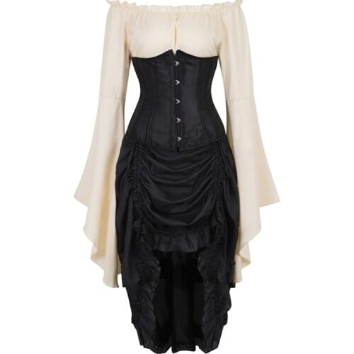 Corset dress underbust top skirt 3-piece front high and low costume cosplay plus size corsets bustier burlesque vintage black