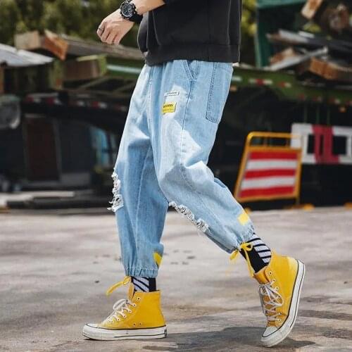 Trendy ripped jeans mens loose baggy pants hiphop tide brand ins wide-leg youth Lace pocket beamed cropped trousers blue
