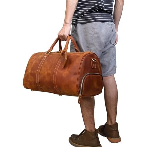 Men Travel Bag Vintage Crazy Horse Genuine Leather 18 inch Big Travel Duffel Cow Leather Boston Business Luggage Weekend Bag