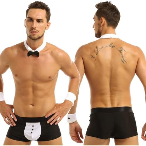 3Pcs Mens Male Waiter Tuxedo Lingerie Suit Boxer Briefs Underwear with Bow Tie Collar and Bracelets for Role Play Costumes