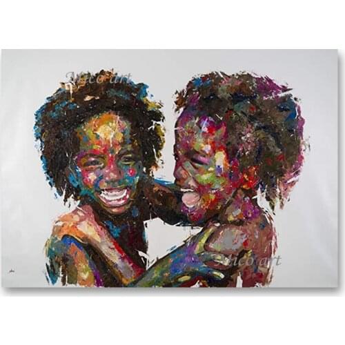 Real Hand-painted Two African Children Canvas Picture Art Handmade Portrait Oil Painting Wall Decor Canvas Art For Home Bedroom