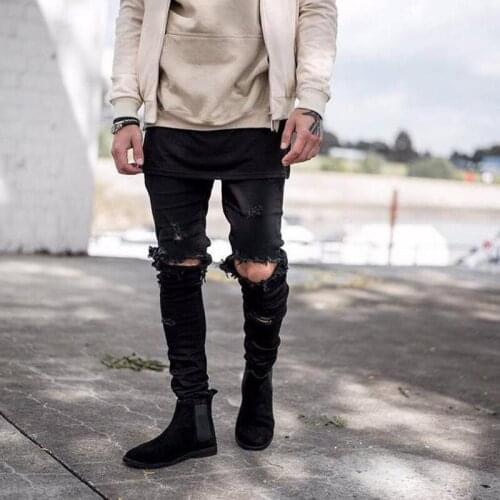2019 New High Street Knee Hole Mens jeans Male Washed Hole Small feet Slim Black jeans Elastic Mid-rise Straight leg pants