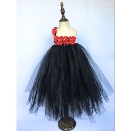 New Girls Black Tutu Dress Kids Fluffy Tulle Strap Dress Ball Gown with Red Pearl Flower and Headband Children Party Dress Cloth