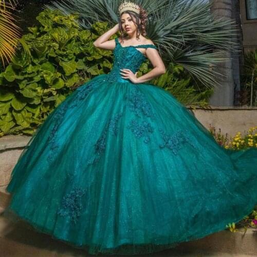 Hunter Ball Gown Quinceanera Dresses Sequined Off The Shoulder Beaded Prom Gowns Appliqued Sweep Train Tulle Sweet 15 Corset
