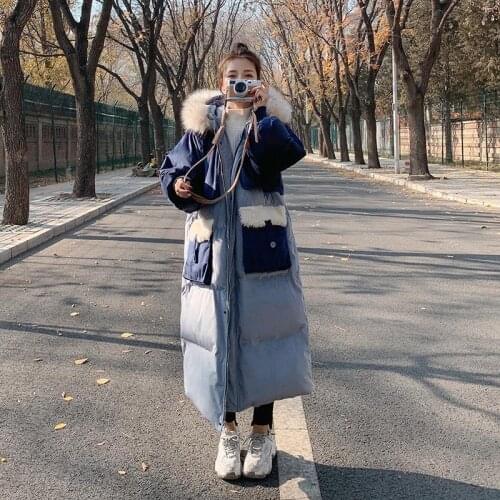 Womens Winter Padded Blue Stitching Coat Hooded with Fur Collar Fashio Loose Super Long Thick Korean White Duck Material Jacket