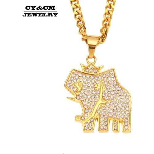 CY&CM Gold Color Elephant Crown Crystal Necklace Pendant Men Iced Out Rhinestone Bling Stainless Steel Animal Hiphop Jewelry