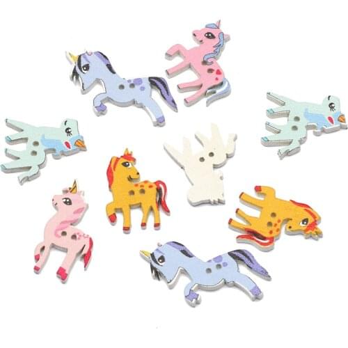 50Pcs Mixed Unicorn Pattern Wooden Buttons For Baby Clothing Sewing Buttons Crafts Decoration Scrapbooking DIY Accessories