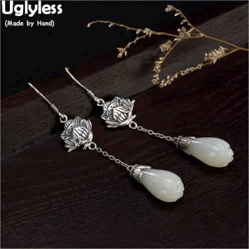 Uglyless 100% Real 925 Sterling Silver Handmade Thai Silver Lotus Earrings Ethnic Floral Fine Jewelry Magnolia Brincos Bijoux