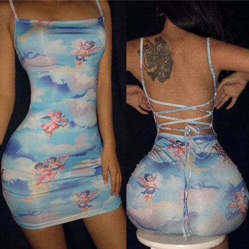 Hot print Spaghetti Strap backless Bandage Womens Ladies Fashion Bodycon Evening Party Pencil Club Mini Dress