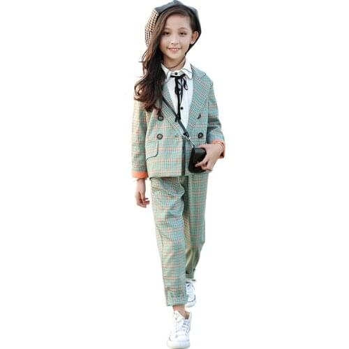 Girls Spring Autumn Suit Set New Fashion Children Plaid Blazer Pants 2pcs Clothing Sets Kids Party Performance Host Costume