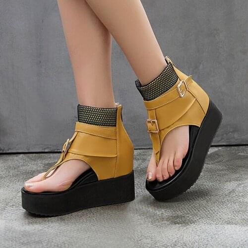 YMECHIC 2019 Fashion Buckle Strap Wedge Sandals Platform Shoes Summer Black Yellow Ankle Boots Creepers Punk Sandal Big Size 43