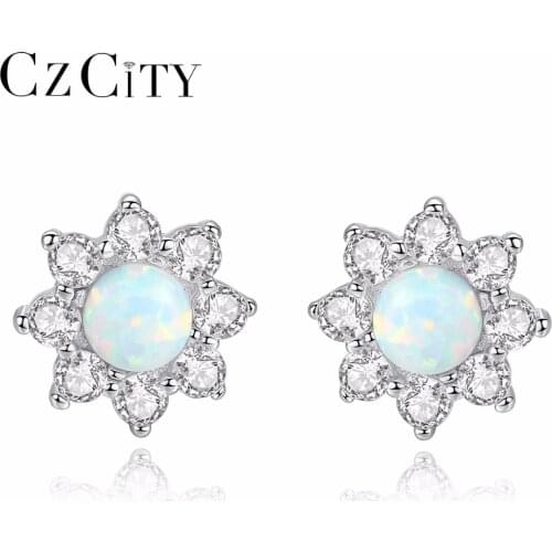 CZCITY 925 Sterling Silver Elegant Sun Flower Stud Earrings for Women Sparkling Opal Earrings Fine Engagement Jewelry Brincos