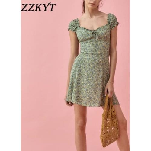 ZZKYT 2021 Women Summer Vintage Sweet Floral Print Mini Dress Fashion Square Collar Short Sleeve Female Short Dresses Vestidos