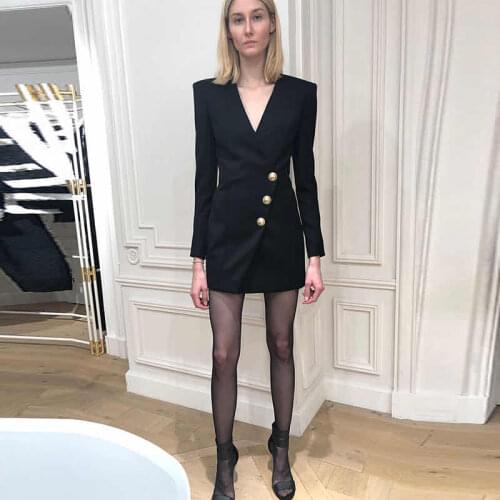 Hight Quality Black Blazer Dress 2020 New Woman Full Sleeves Simple Classic Lion Metal Button V-neck Tailored Dress