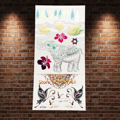 1PC Hot Gold Temporary Tattoo Elephant Butterfly Crown Feather Tatoo Waterproof Henna Fake Tattoo Sticker Flower Arm Decal AGM29