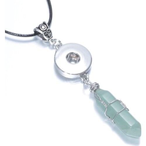 18mm Snap Jewelry Button Charms Light Green Natural Hexagon Stone Pendant of Necklace With Black Leather Necklace DZ0118d