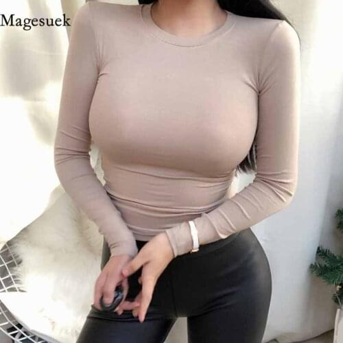 2021 Sexy Cotton Long Sleeve Spring Tops Casual Solid T-shirts Korean Style Slim O-neck T Shirt Femme Khaki White Blouse 9265