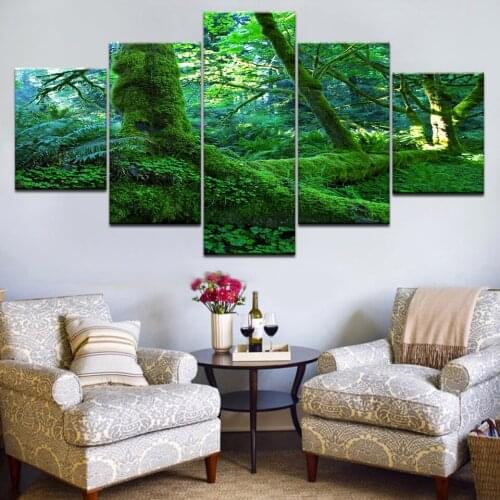 5 panel Green woods canvas paintings with frame home decoration print oil painting by scenery Modular pictures wall art