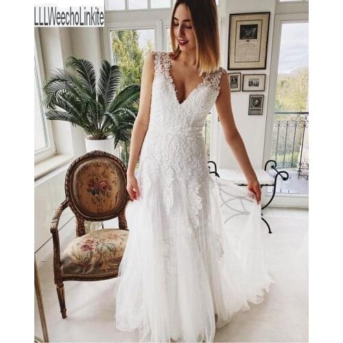 White Lace V-Neck Floor-Length A-Line Wedding Dresses Chapel Train Sleeveless Bridal Gowns Custom Made
