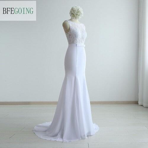 White Chiffon Lace Floor-Length Mermaid/Trumpet Wedding Dresses Sweep /Brush Train Custom Made Bridal Gowns