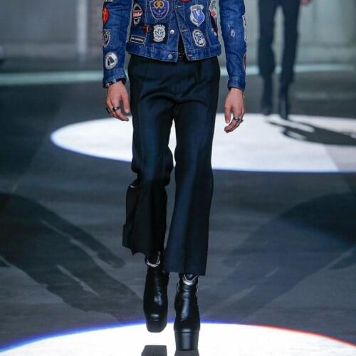 Casual Mens pants spring and summer new show retro slim cropped trousers loose large size curled micro flared pants