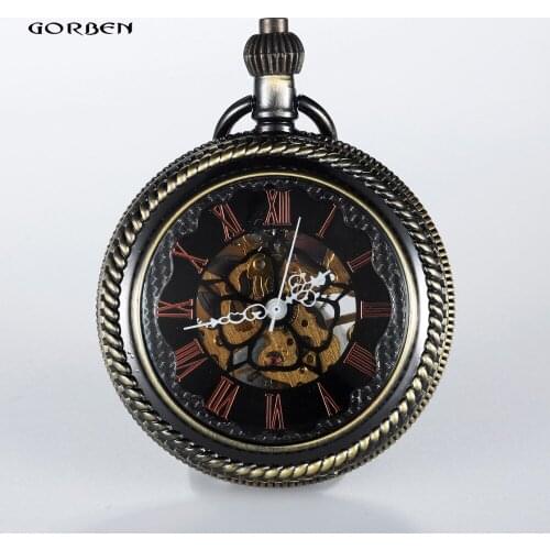 Vintage Bronze Mechanical Pocket Watch Steampunk Spiral Pattern Carving Dial Analog Hand Wind Mechanical Pocket Watches for men