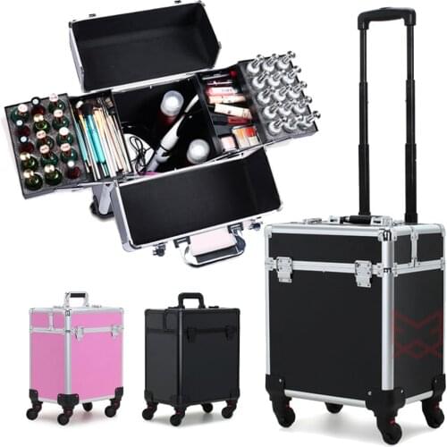Makeup Case with Legs Rolling Empty Girls Travel Cosmetics Storage Organiser Professional Hard Bags Trolley On Wheels Pink Black
